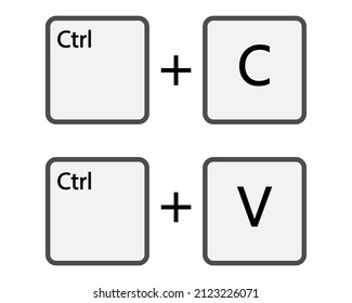 Ctrl C, Ctrl V keyboard buttons, copy and paste key shortcut. Black and white computer icons. Vector illustration.