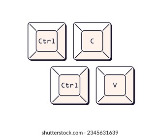 Ctrl C y V, botones de teclado. Teclas de control, comandos de acceso directo para copiar pegar. Combinaciones de teclado para entrada, inserción de información, plagio. Ilustración vectorial plana aislada en fondo blanco