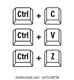 Ctrl C, Ctrl V y Ctrl Z botones de teclado del equipo. Interfaz de escritorio. Icono Web. Ilustración de material vectorial.