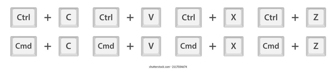 Ctrl C, Ctrl V, Ctrl Z, Ctrl X keyboard buttons for control, copy, paste, cut, past shortcuts. White computer key, icons with command, shift, alt, cmd for pc. Isolated press symbols, sign. Graphic EPS