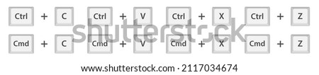 Ctrl C, Ctrl V, Ctrl Z, Ctrl X keyboard buttons for control, copy, paste, cut, past shortcuts. White computer key, icons with command, shift, alt, cmd for pc. Isolated press symbols, sign. Graphic EPS