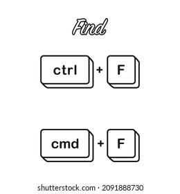 Ctrl F and Cmd F keyboard shortcut keys for find concept in vector icon