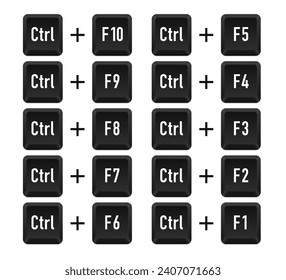 Ctrl and F10, F9, f8, F7, F6, F5, F4, F3, F2, F1 for switch between open program. Keyboard keys. Shift alt del. Computer button. Computer keyboard button set. Vector illustration