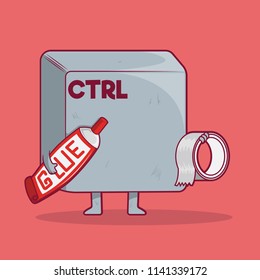 Ctrl Key holding glue and tape vector illustration. Technology, future, concept, character, posting, placing design concept