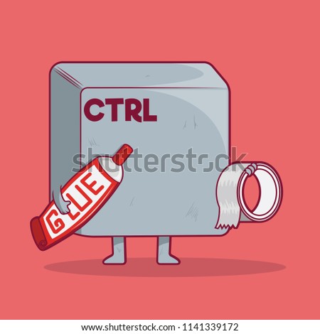 Ctrl Key holding glue and tape vector illustration. Technology, future, concept, character, posting, placing design concept