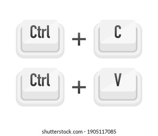 Ctrl más C y Ctrl más V botón blanco 3D sobre fondo blanco. Teclados de partículas de computadores. Ilustración vectorial.