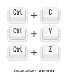 Ctrl plus C, Ctrl plus V and Ctrl plus Z white 3D button on white background. Computers particles keyboards. Vector illustration.