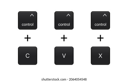 Ctrl plus C, Ctrl plus V and Ctrl plus Z. Control C, Control V keyboard buttons. Copy and paste key shortcut. Computers particles keyboards. Black computer icons. Vector illustration.