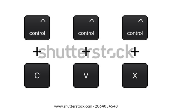 Ctrl plus C, Ctrl plus V and Ctrl plus Z.\
Control C, Control V keyboard buttons. Copy and paste key shortcut.\
Computers particles keyboards. Black computer icons. Vector\
illustration.