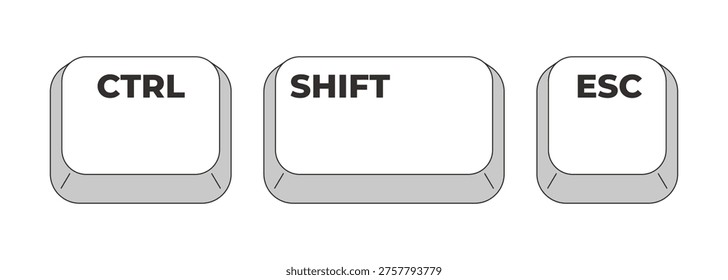 Ctrl Shift Esc grayscale keyboard hotkey. Task manager tool. System monitoring. Performance check. Minimal shortcut keys. Monochrome combination buttons for productivity. Vector illustration