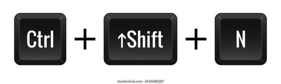 CTRL Shift N Key combination. Keyboard, control, computer, shortcut, laptop, functional, input device, peripheral, enter the text, typing, type, hotkeys, layout, language, qwerty, create new. Vector