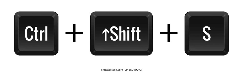 CTRL Shift S Combinación de teclas. Teclado, control, ordenador, acceso directo, portátil, funcional, dispositivo de entrada, periférico, introducir el texto, escribir, tipo, teclas de acceso rápido, diseño, idioma, qwerty, guardar. Vector