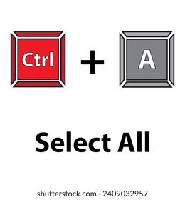 Ctrl+A keyboard shortcut vector illustration. Shortcut key vector