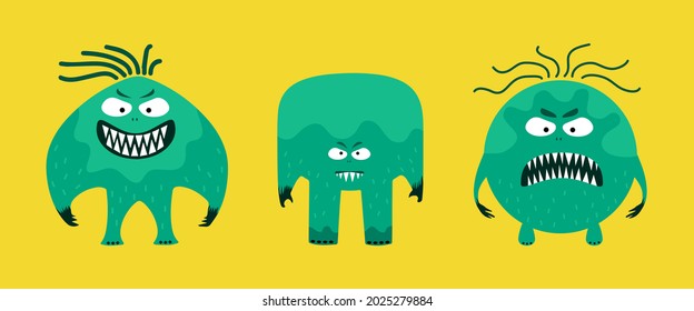 ctue green monster set. monster cartoon vector illustration.