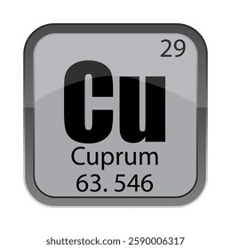 Cu 29 highlight. Cuprum 63.546 detail. Chemical element vector. Shiny gray tile.