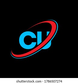 CU C U letter logo design. Initial letter CU linked circle uppercase monogram logo red and blue. CU logo, C U design. cu, c u