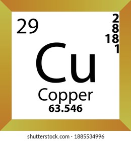 Cu Copper Chemical Element Periodic Table. Single vector illustration, colorful Icon with molar mass, electron conf. and atomic number for Lab, science or chemistry class.