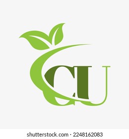 CU Letter Logo with swoosh leaves icon vector.