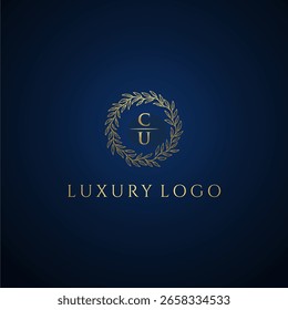 CU letter monogram luxury wedding with creative circle leaf gold