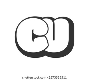 CU logo, bubble comic lettering, rounded in graffiti style black and white silhouette. Trendy preschool C and U letter text for festival party, personal initials, children funky print and web. 