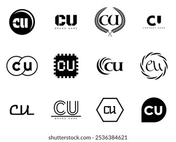 Modelo de empresa de logotipo CU. Letra c e logotipo u. Defina diferentes letras serifas clássicas e texto em negrito moderno com elementos de design. Tipografia inicial da fonte. Coleção de identidade de negócios na moda.