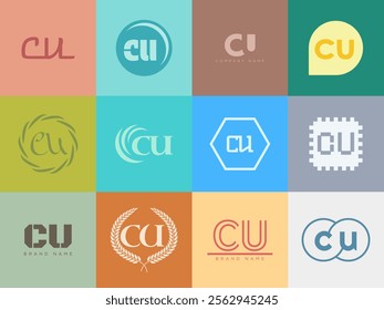 CU logo company template. Letter c and u logotype. Set different classic serif lettering and modern bold text with design elements. Initial font typography. Collection trendy business identity.