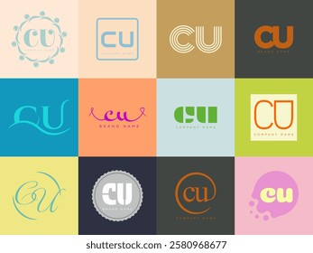 CU logo company template. Letter c and u logotype. Set different classic serif lettering and modern bold text with design elements. Initial font typography. Collection trendy business identity.