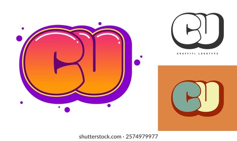 CU logo design for festival or party. Initial letter c and u in graffiti style. Creative modern lettering company name of font typography. Kids trendy logotype or identity. Vector illustration.