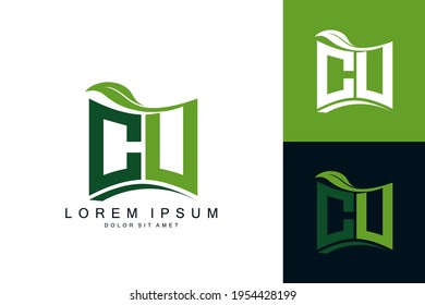 CU logo monogram with green leaf nature organic bio curved shape premium vector design template