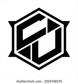 CU Logo monogram with hexagon and sharp shape design template