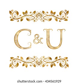 C&U vintage initials logo symbol. The letters are surrounded by ornamental elements. Wedding or business partners monogram in royal style.