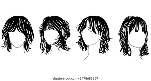 Cub cut fashionable haircut for medium hair, popular styling Wolf Cut set of silhouettes vector illustration