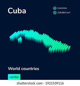 Cuba 3D map. Stylized striped vector isometric map of Cuba with 3d effect. Map of Cuba is in neon green and mint colors on the dark blue background