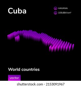 Cuba 3D map. Stylized striped vector isometric map of Cuba is in neon violett colors on black background. Educational banner