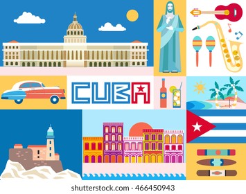 Cuba attraction and sights - travel postcard concept. Vector illustration with traditional Cuban architecture, colourful buildings, car, guitar, cigars, cocktail, flag. Design elements for poster.