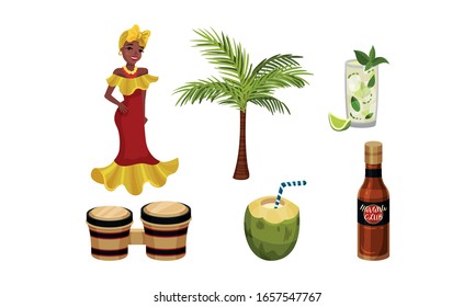 Cuba Attributes and Stuff with Mojito Drink and Drums Vector Set