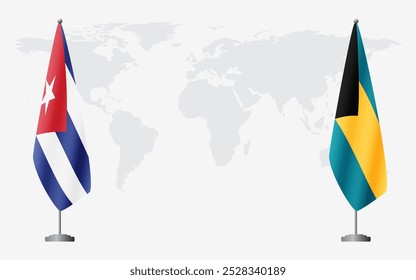 Cuba and Bahamas flags for official meeting against background of world map.