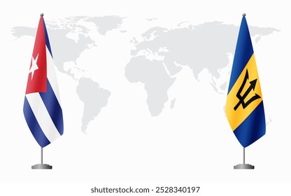 Banderas de Cuba y Barbados para reunión oficial con antecedentes del mapa mundial.