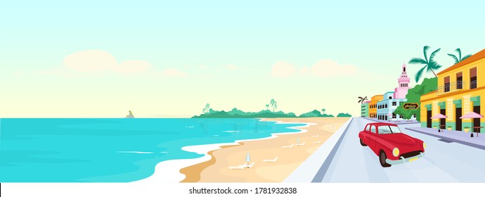 Playa de Cuba ilustraciones vectoriales de color plano. La playa de La Habana, con un colorido edificio tradicional y un coche vintage. Complejos de verano en Cuba. Paisaje de dibujos animados en 2D con paisaje de fondo