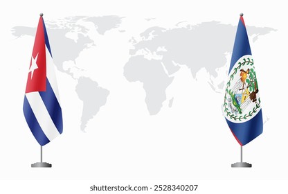 Cuba and Belize flags for official meeting against background of world map.