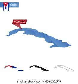 Cuba blue Low Poly map with capital Havana, versions with flag, black and outline. Vector Illustration.