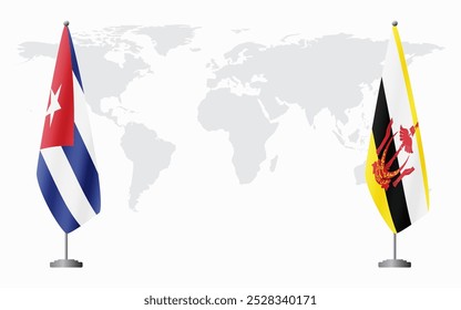Cuba and Brunei flags for official meeting against background of world map.