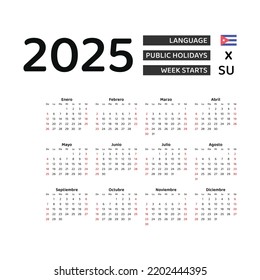 Cuba Calendar 2025. Week starts from Sunday. Vector graphic design. Spanish language.