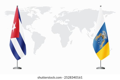 Bandeiras de Cuba e das Ilhas Canárias para reunião oficial contra o fundo do mapa do mundo.