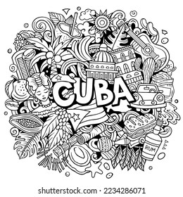 Cuba cartoon doodle illustration. Funny design. Creative vector background. Handwritten text with Cuban elements and objects. Sketchy composition