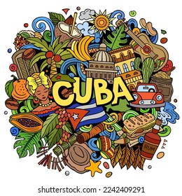 Cuba cartoon doodle illustration. Funny design. Creative vector background. Handwritten text with Cuban elements and objects. Colorful composition