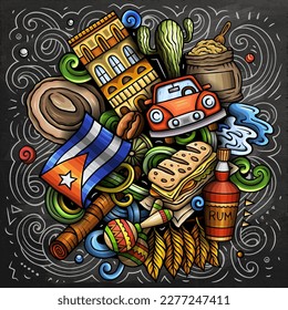 Cuba cartoon doodle illustration. Funny Cuban design. Creative vector background with north America country elements and objects. Chalkboard composition