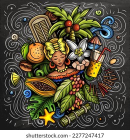 Cuba cartoon doodle illustration. Funny Cuban design. Creative vector background with north America country elements and objects. Chalkboard composition