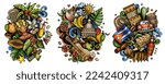 Cuba cartoon vector doodle designs set. Colorful detailed compositions with lot of cuban objects and symbols. Isolated on white illustrations