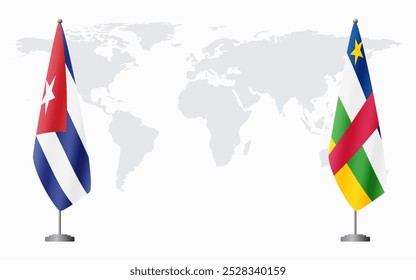 Cuba e República Centro-Africana bandeiras para reunião oficial contra fundo do mapa do mundo.